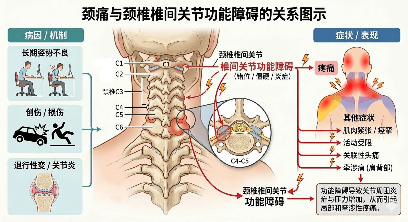 颈椎椎间关节功能障碍与颈痛的病理机制示意图